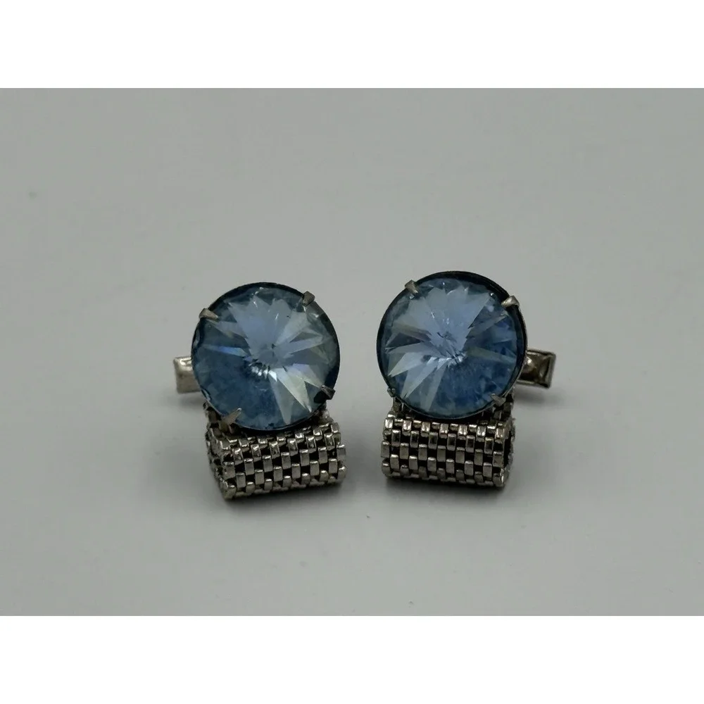 Vintage Silver-Tone Mesh Wrap Cufflinks Blue Rhinestone Round Center Mid-Century